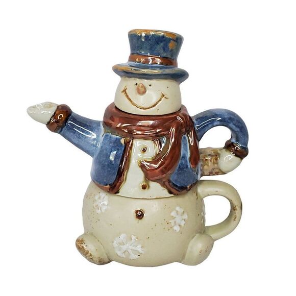 Stoneware Snowman Teapot Male Top Hat Blue Brown Snowflakes Christmas Winter - Picture 1 of 6